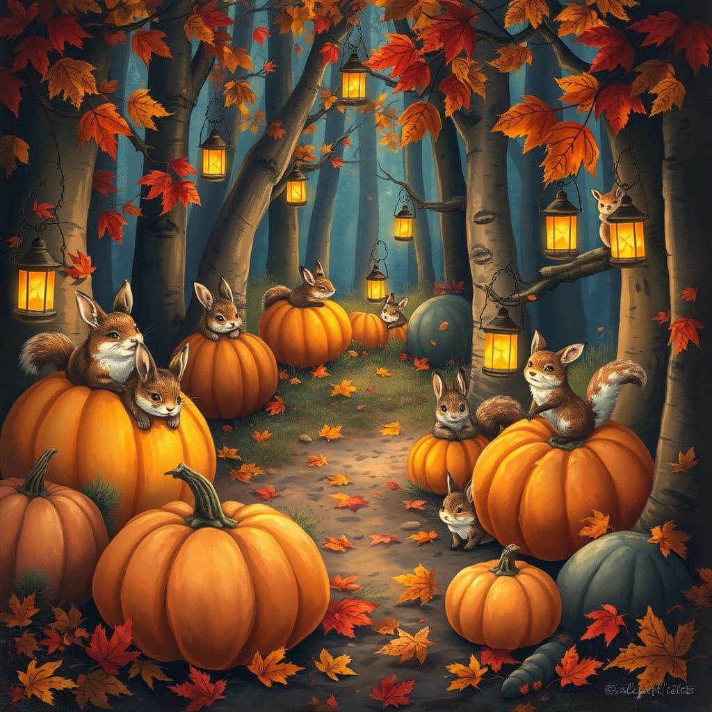 Magical Autumn Forest with Animals and Pumpkins