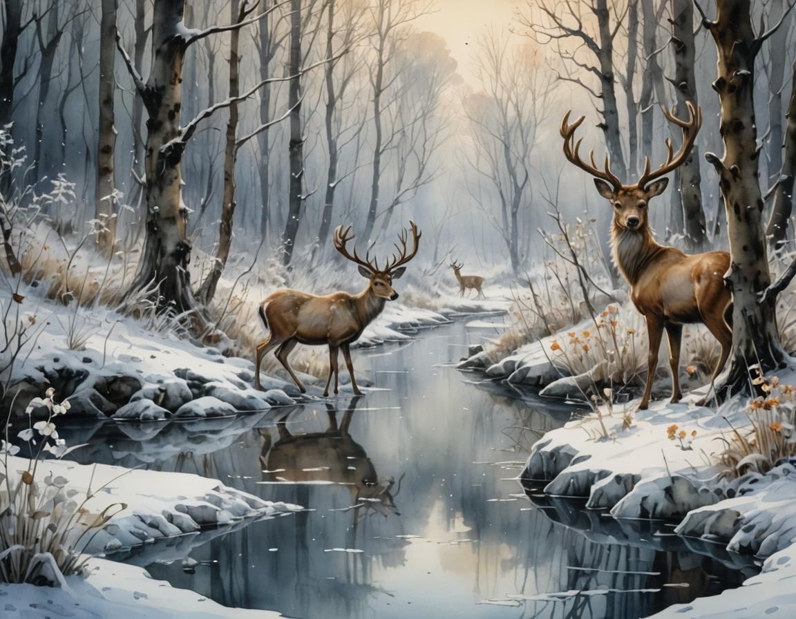 Iced River in Snowy Forest, Watercolor and Ink Painting