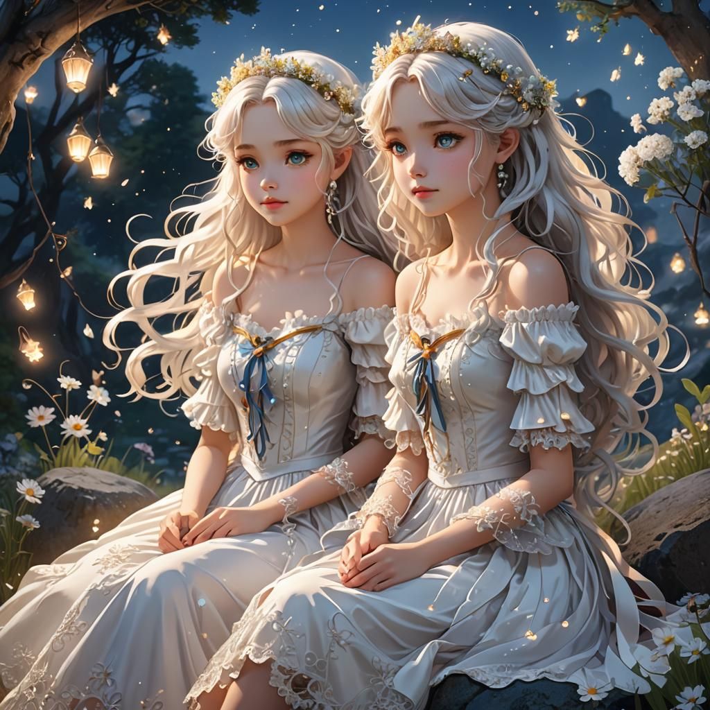 Anime Twin Princesses in Ethereal Fairy Tale Portrait