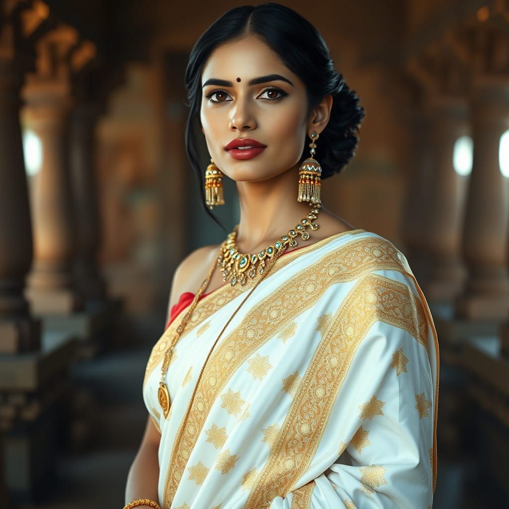 Stunning Indian Beauty in Traditional White Saree