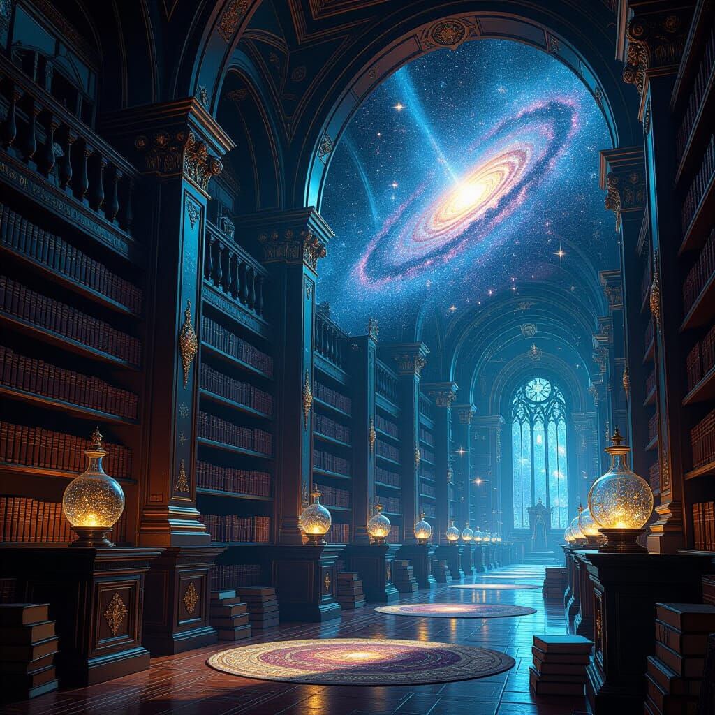 Celestial Library Among Swirling Galaxies: Fantasy Concept A...