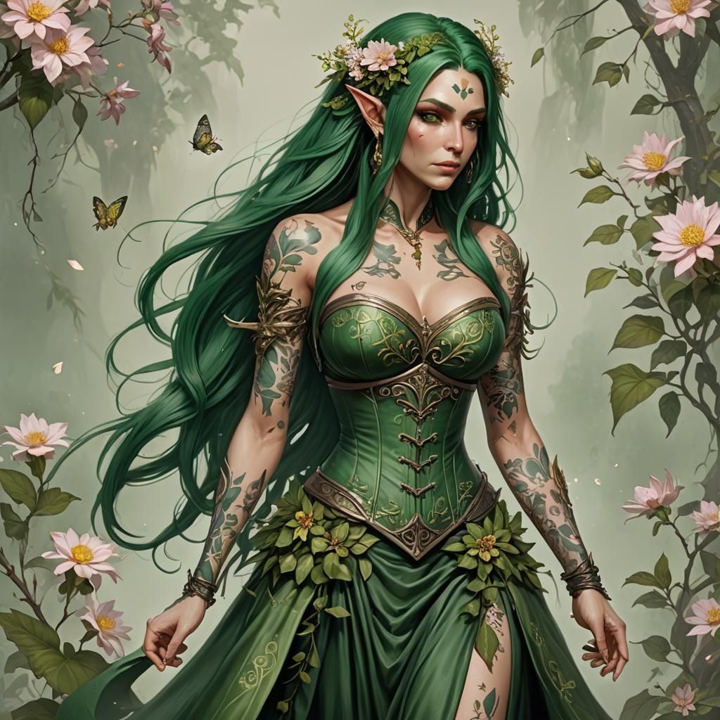 Green Eladrin with Floral Adornments and Tattoos