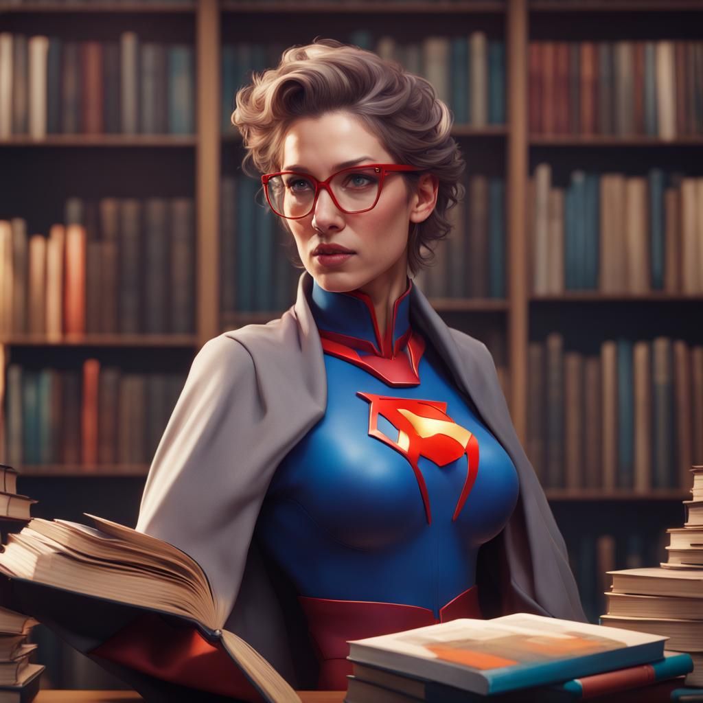 Superhero Librarian Portrait in Hyperdetailed Style