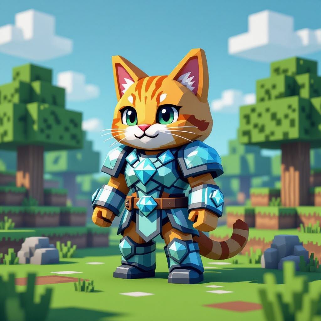 Minecraft Cat in Diamond Armor: Pixelated Art
