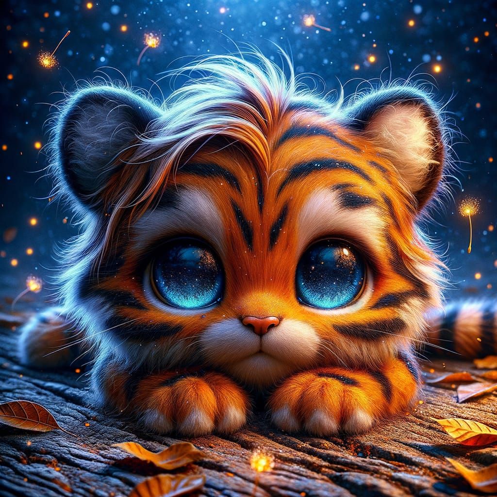 Chibi Tiger Cub in Enchanting Night Scene
