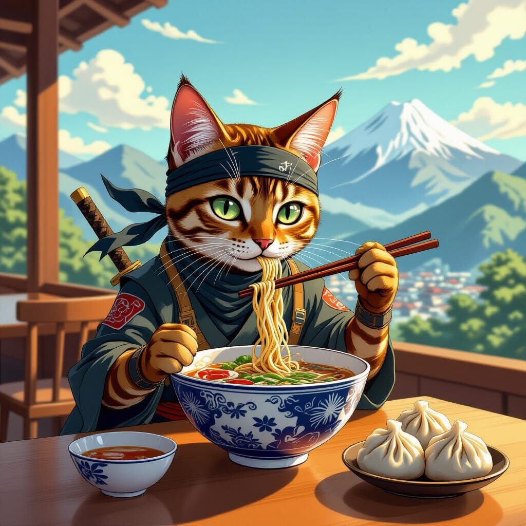 Ninja Cat Enjoying Ramen: Anime Style