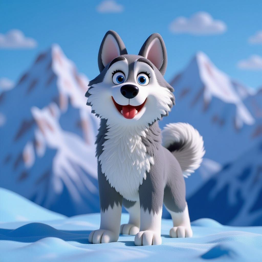 Siberian Husky in Plasticine Art Style Against Mountain Vist...