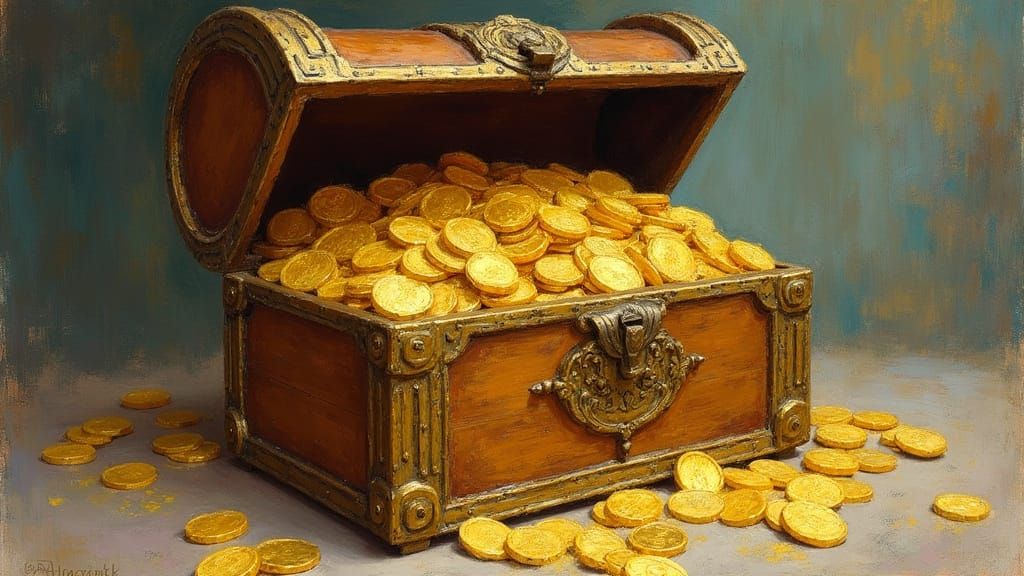 Treasure Chest of Doubloons in Impressionist Style