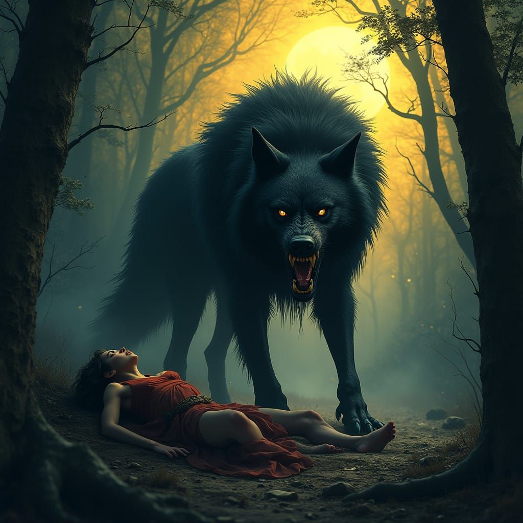 Menacing Werewolf Confronts Petrified Victim Under Moonlight...