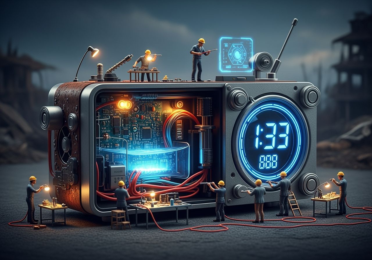 Miniature Engineers Constructing Digital Clock-Radio