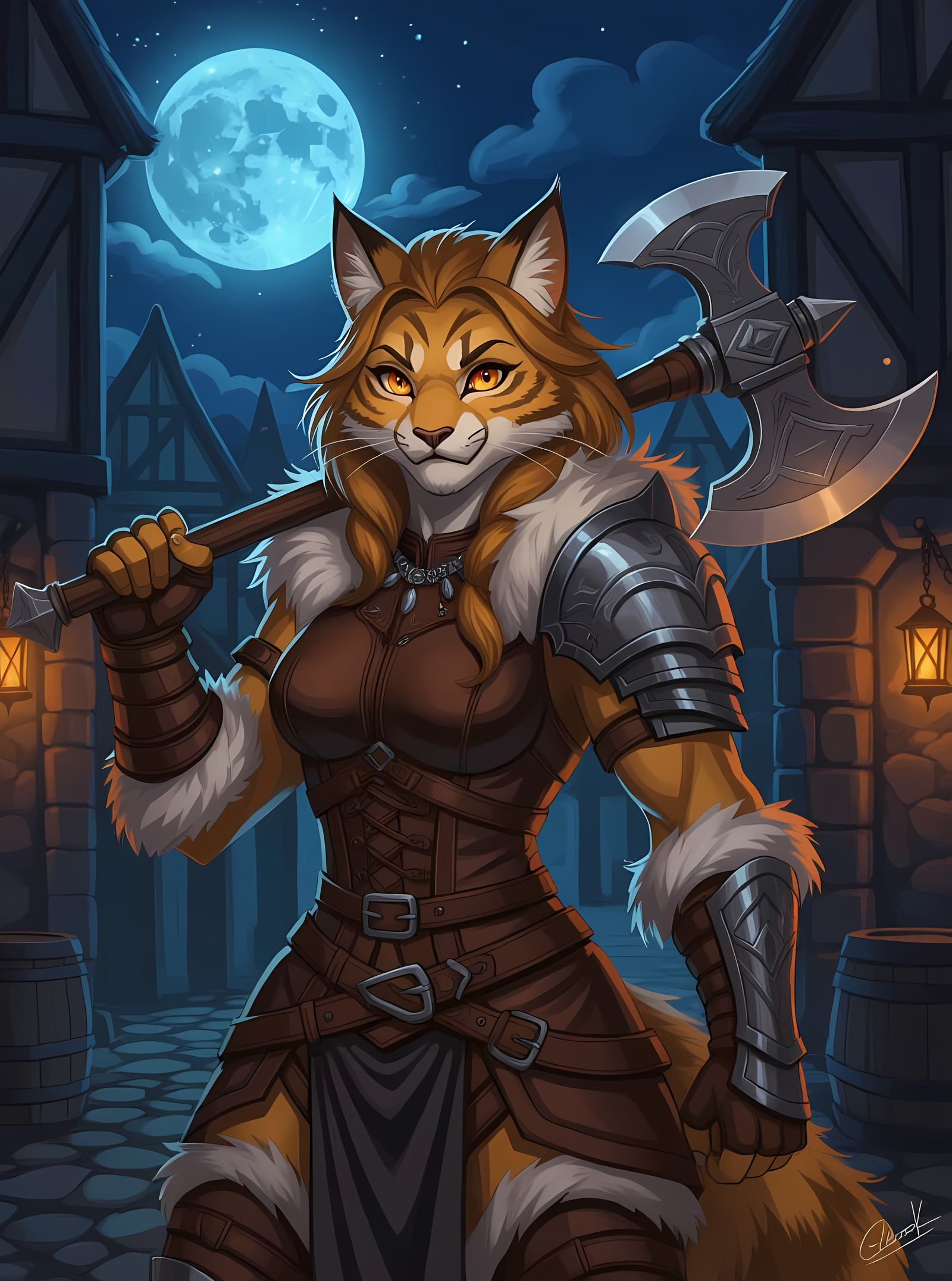 Anime Sabertooth Barbarian with Battle-Axe in Tavern