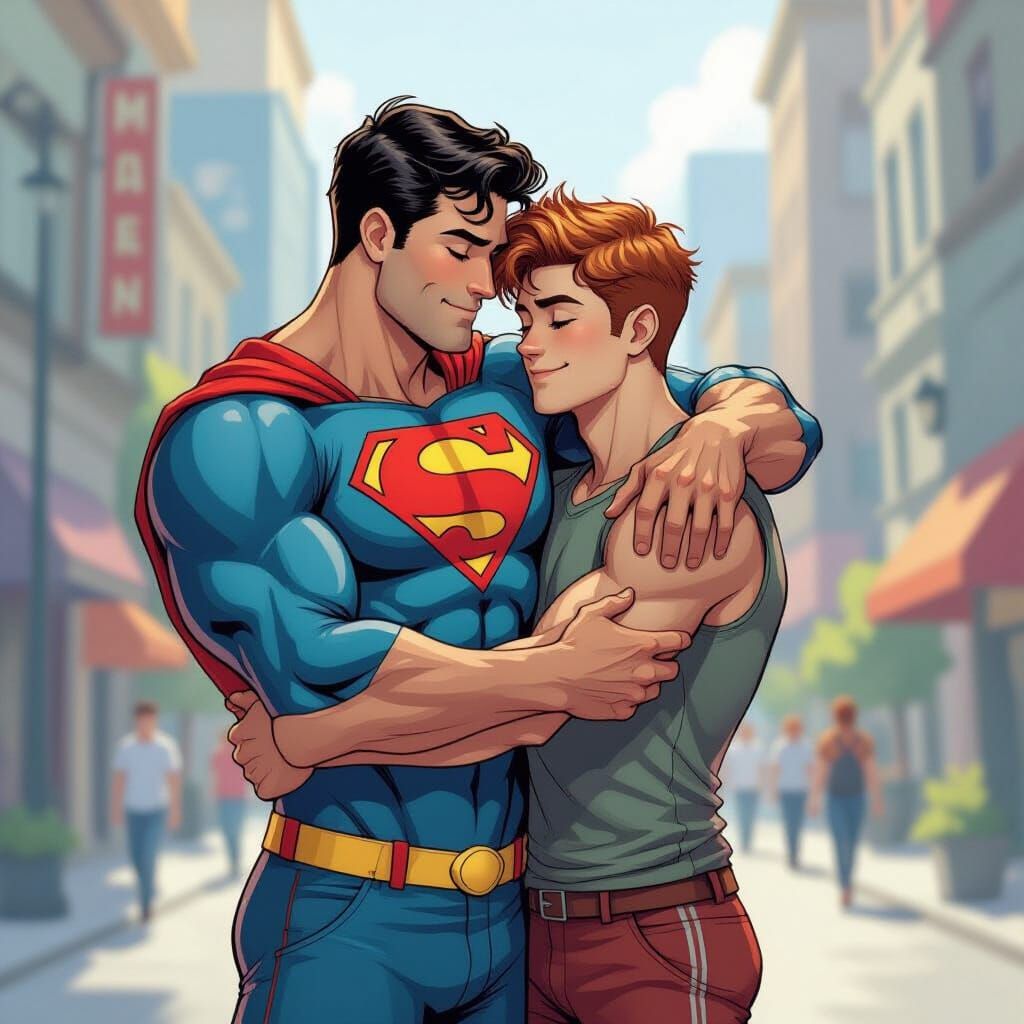 Clark Kent and Jimmy Olsen Embrace in Comic Book Style