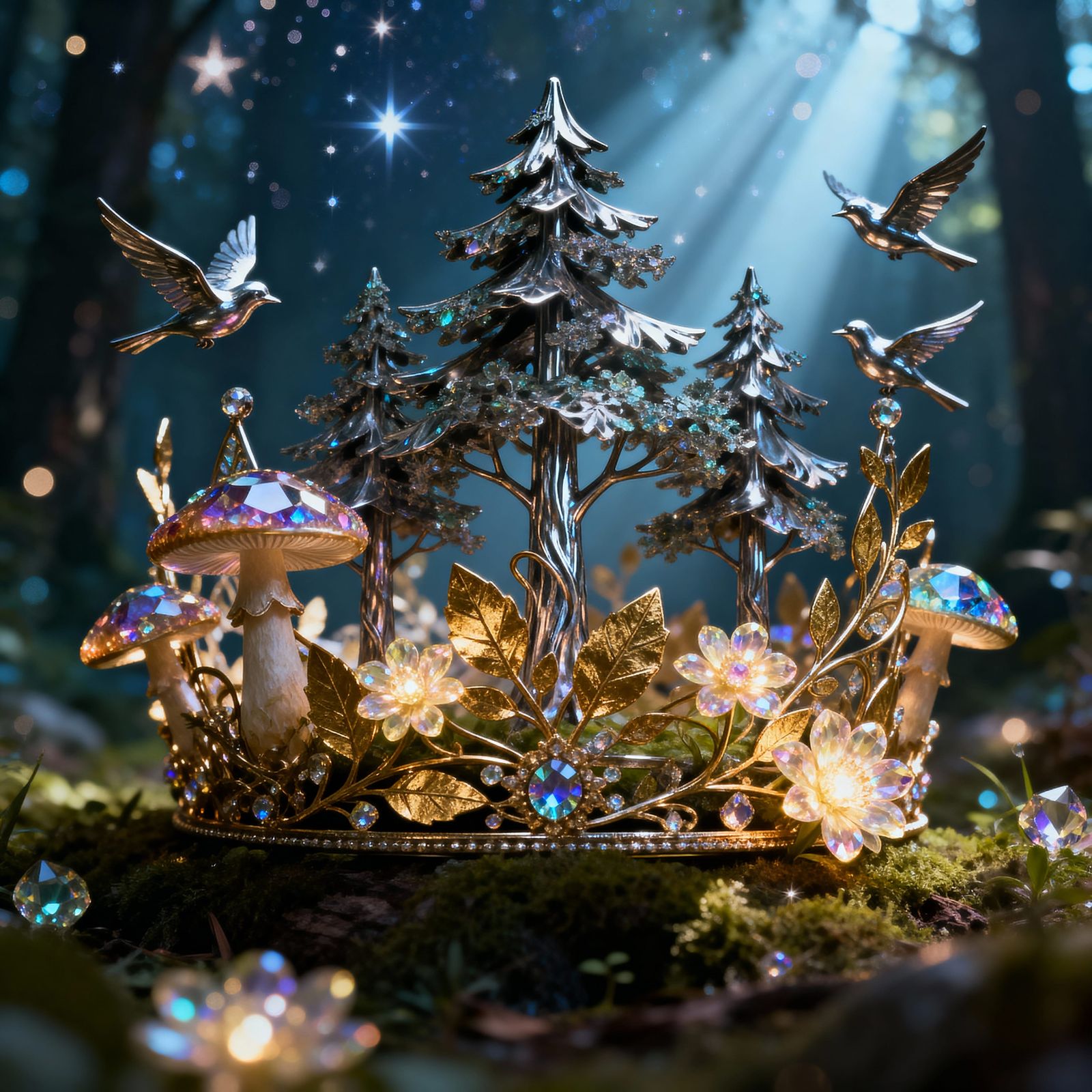 Intricate Forest Crown with Metal Trees and Gemstone Mushroo...