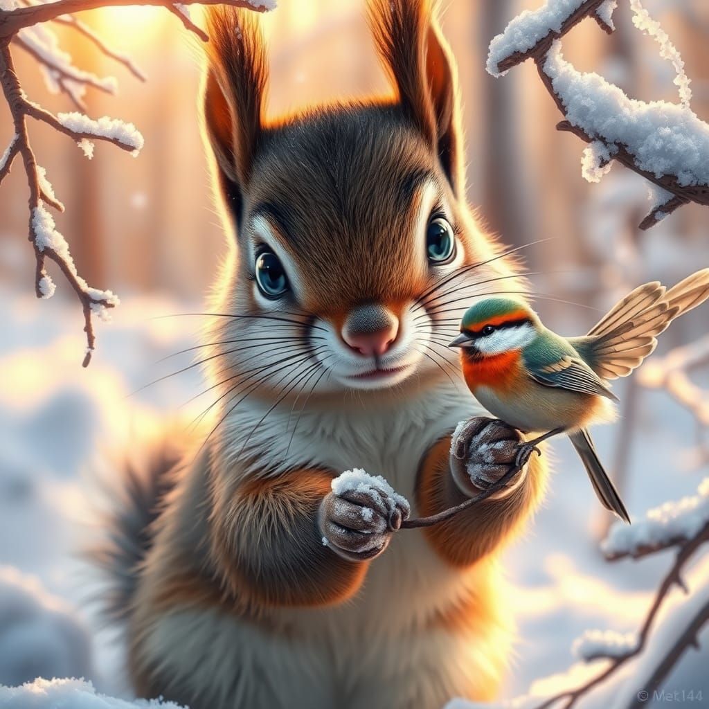 Squirrel and Bird in Snowy Forest Digital Painting