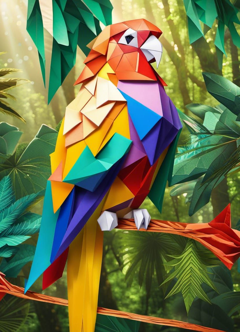 Colorful Origami Parrot in a Tropical Jungle
