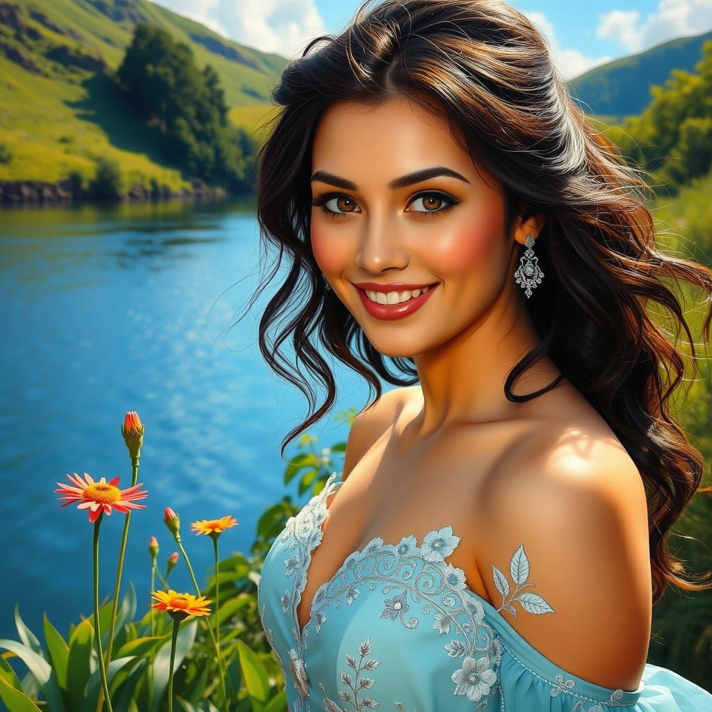 Radiant Young Woman in Lush Highland Landscape