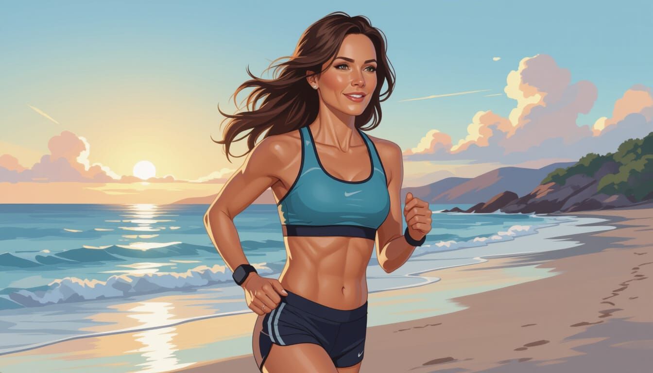 Woman Running on Beach in Vibrant Cartoon Style