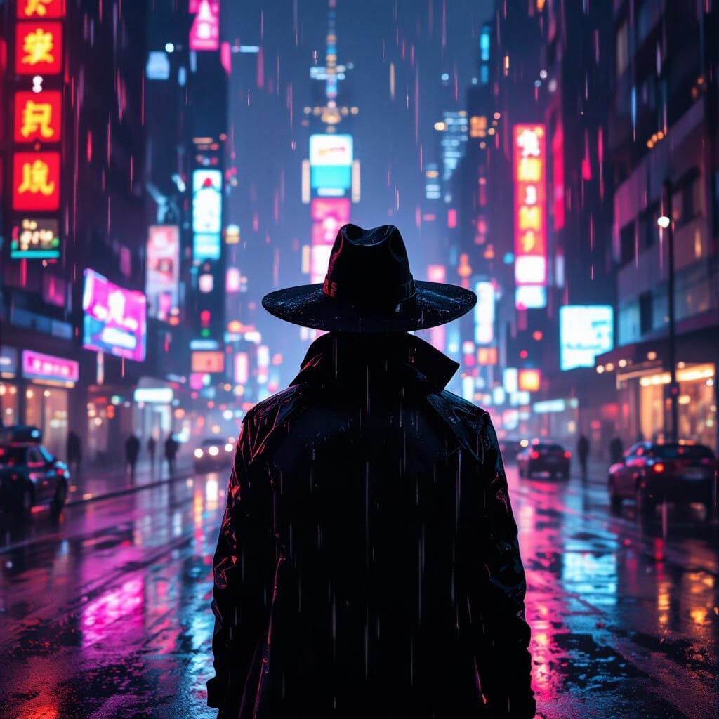 Cyberpunk Figure in Neon Cityscape