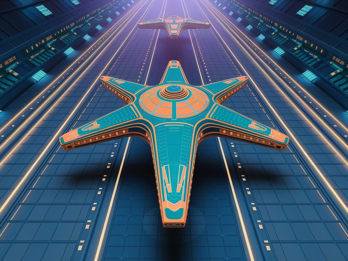 Sci-Fi Space Dock with Starfish Cruiser in Retrofuturism Sty...