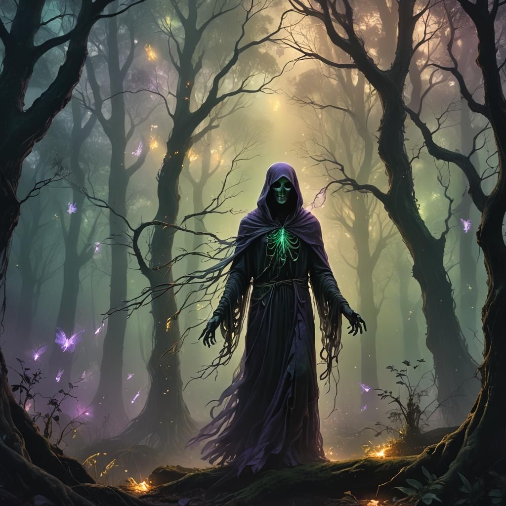 Ghostly Figure in Dark Fantasy Forest