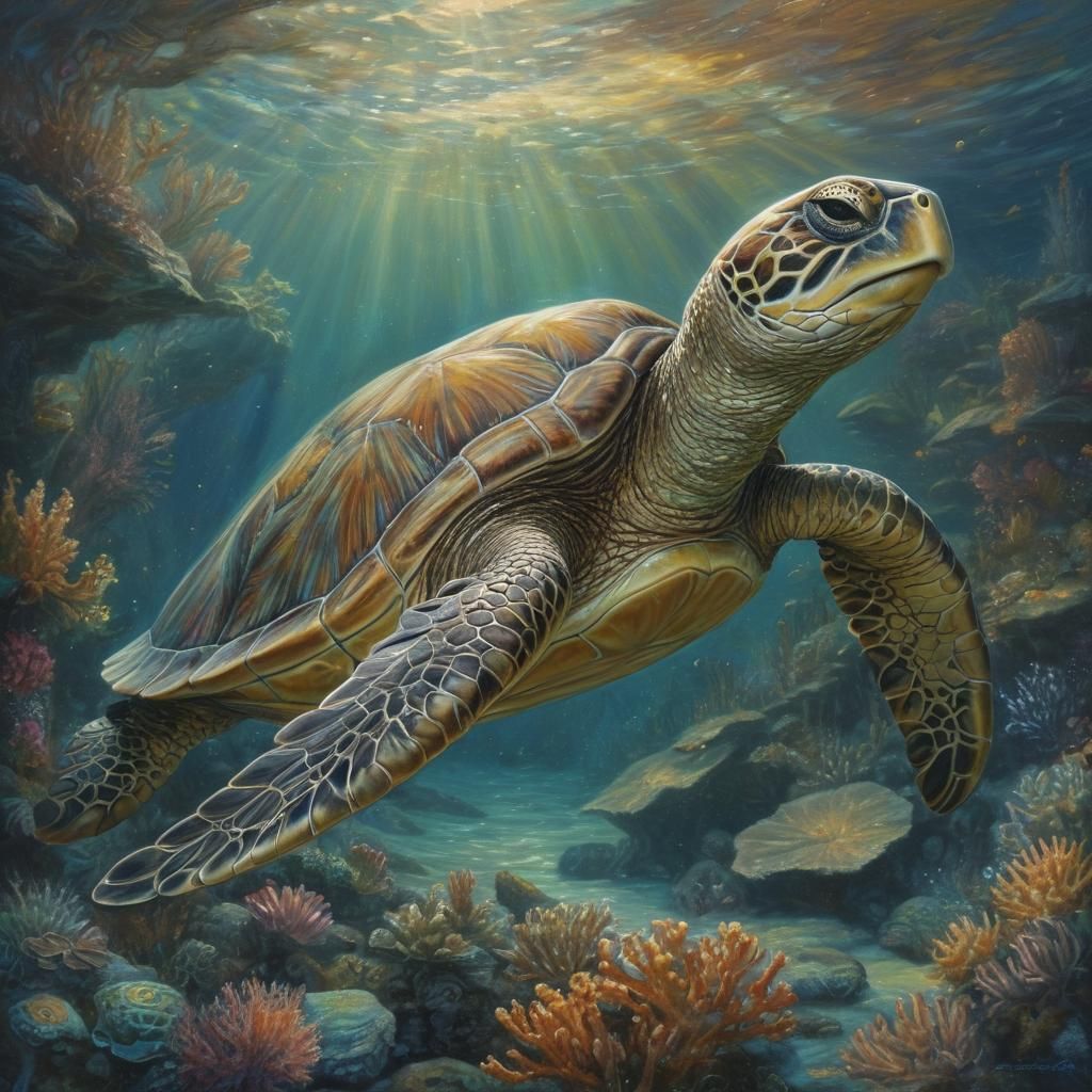 Serene Sea Turtle in Whimsical Coastal Scene