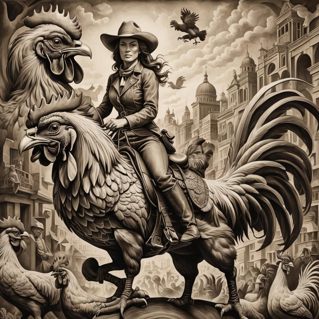 Cowgirl Rides Rooster in Escher-esque Charcoal Drawing