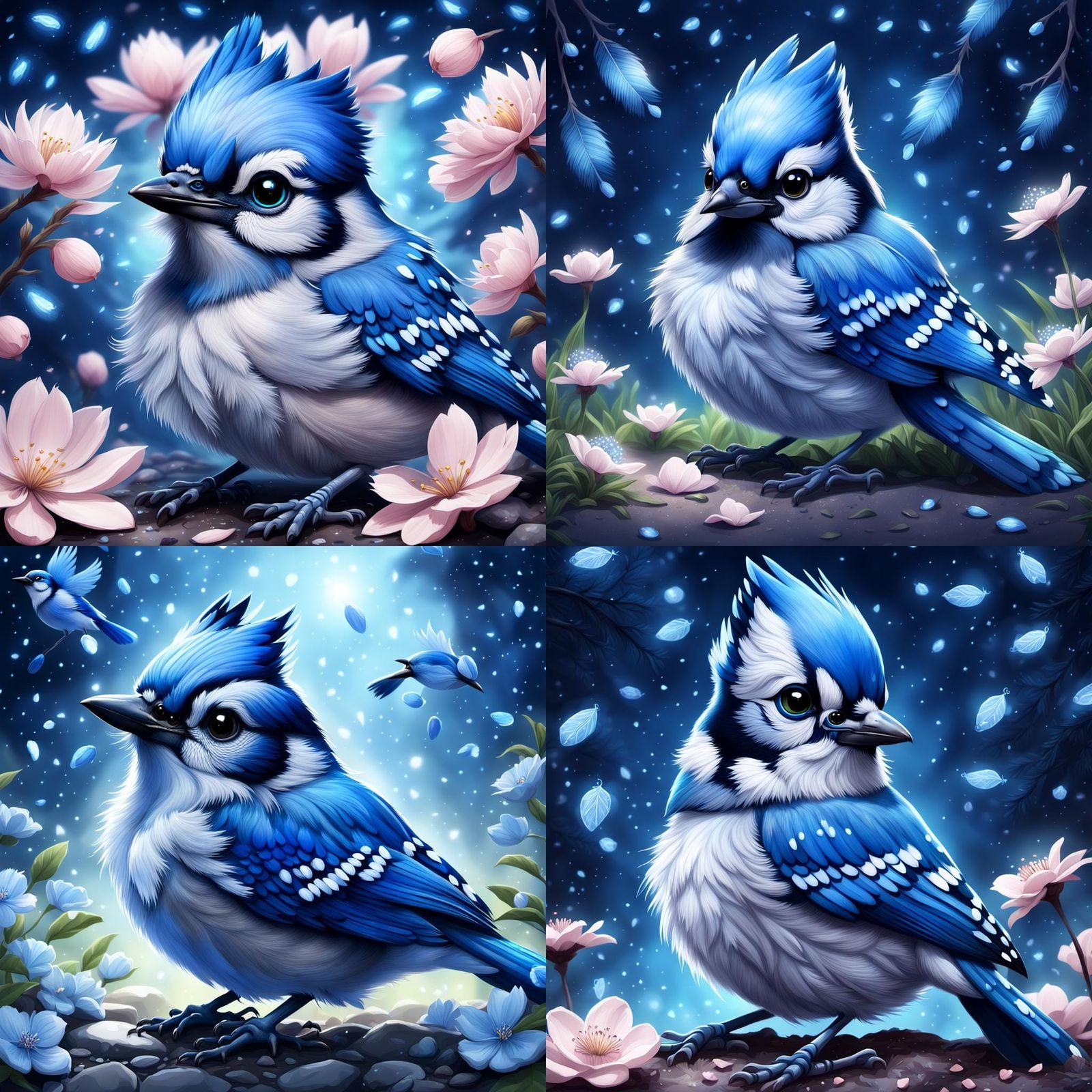 Hyper-Realistic Blue Jay with Sakura Petals