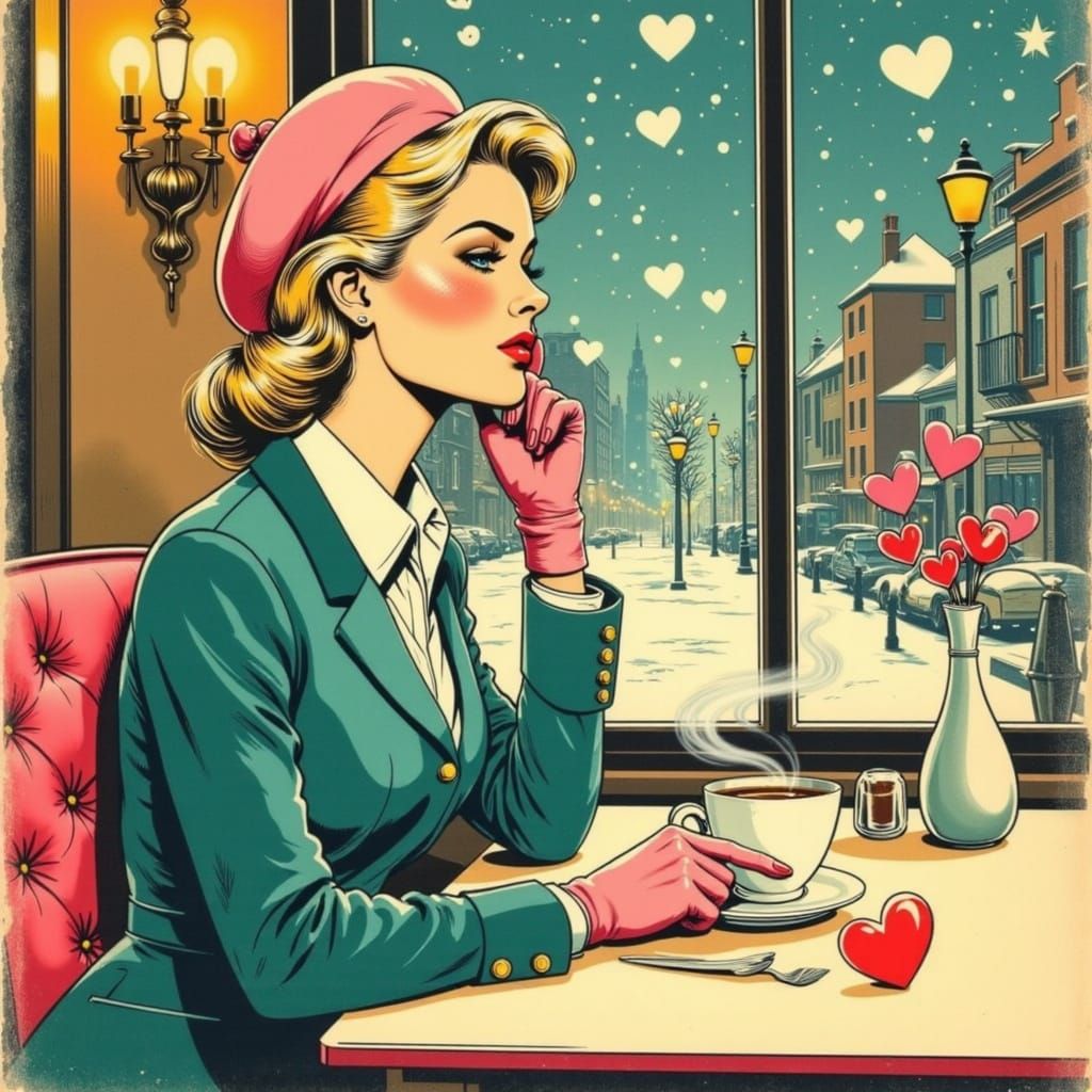 Stylish Woman in Cozy Cafe, Vintage Comic Style