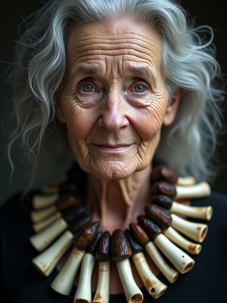 Wise Woman Portrait with Bone Necklace, Hyperrealistic