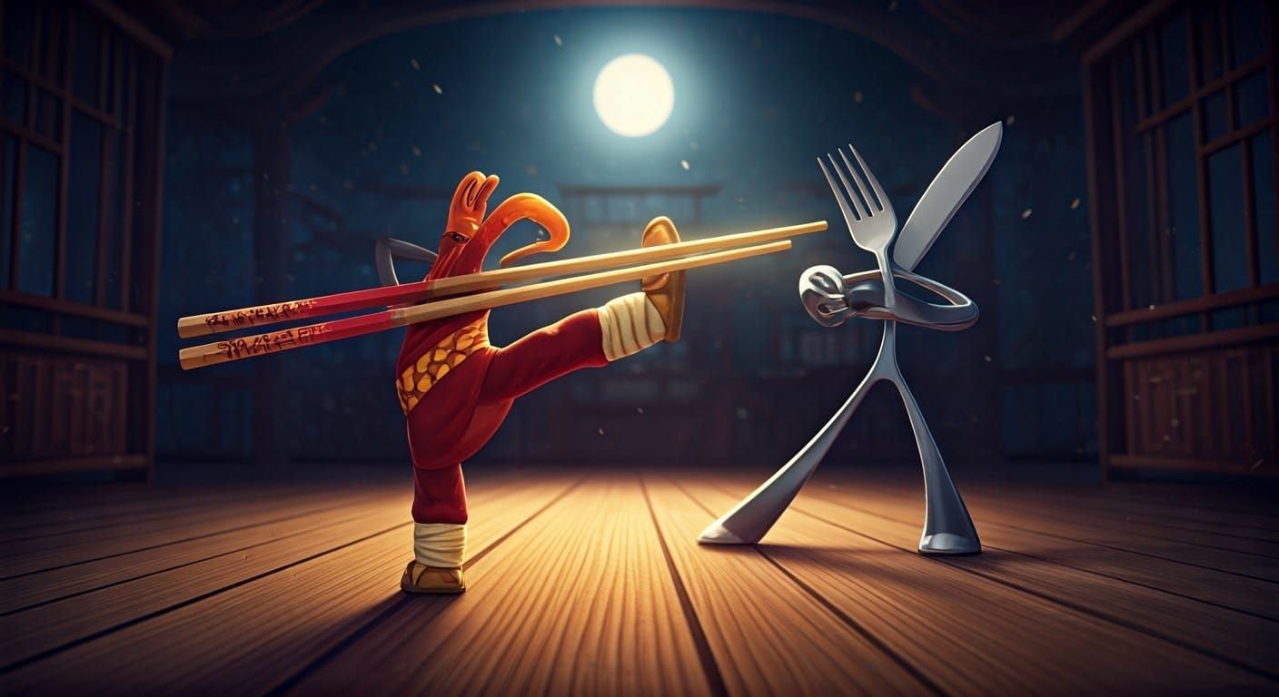 Kung Fu Chopsticks Fight Fork and Knife in Animation