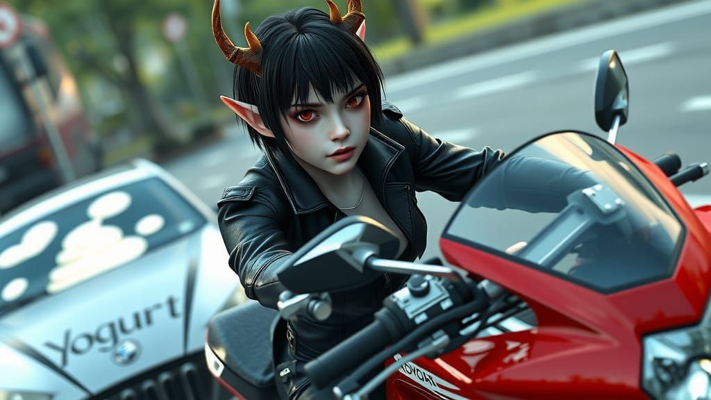 Elf Biker Escapes Yogurt Attack: Hyperrealistic 8K