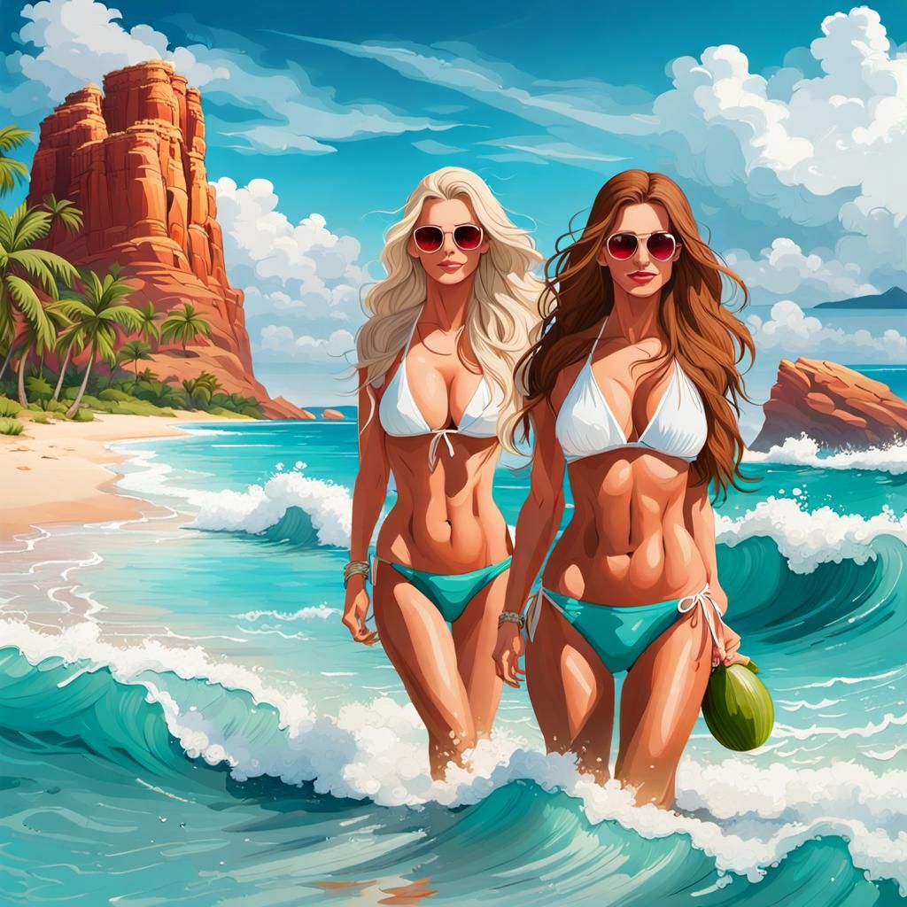Tropical Beach Paradise with Women in Bikinis