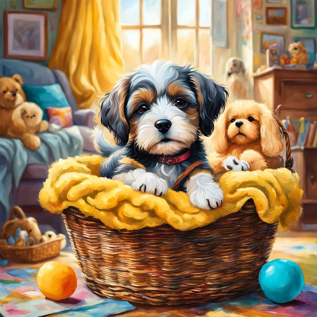 Whimsical Puppy in Cozy Dog Basket, Painterly Oil Painting