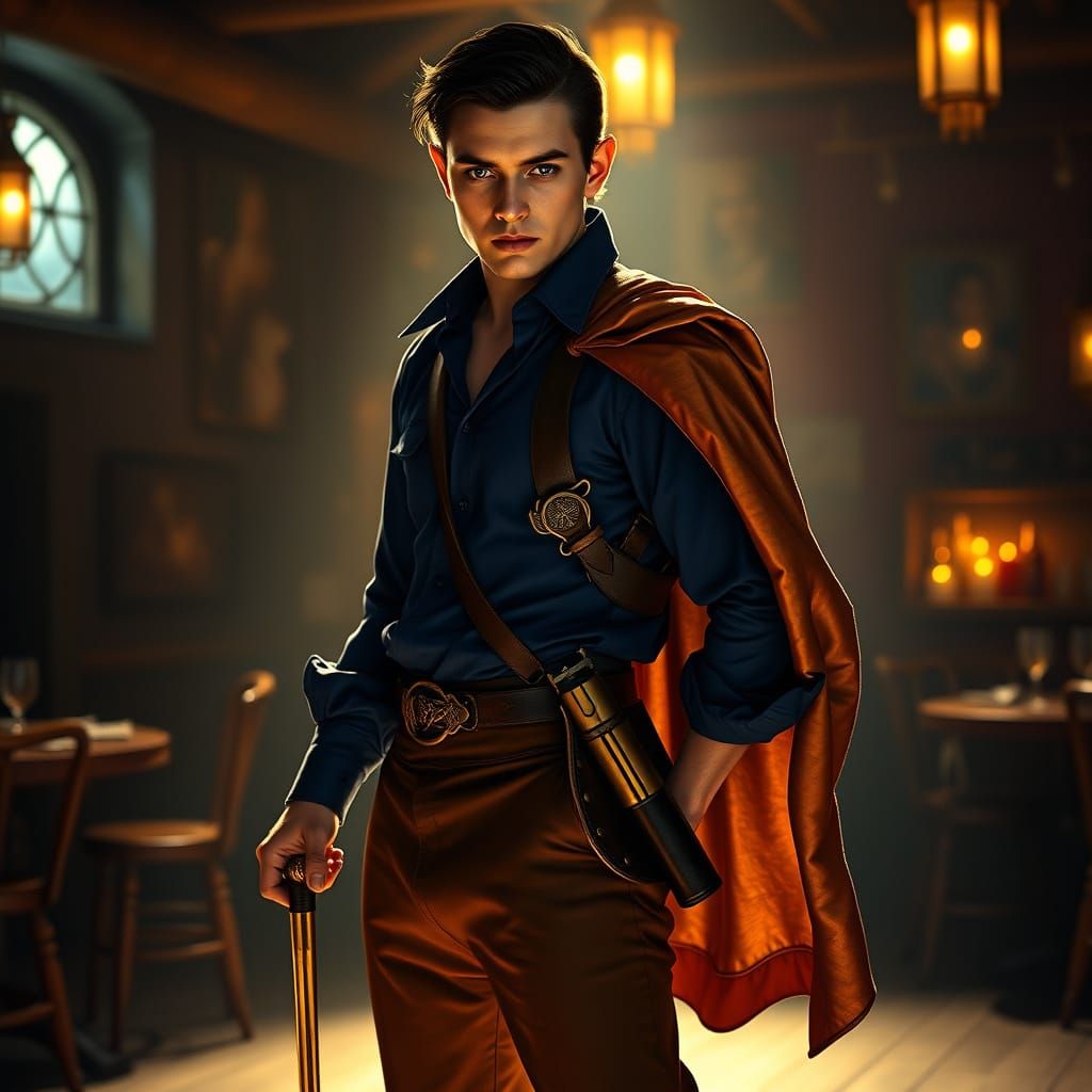 Suave Half-Elf Duelist in Dimly Lit Tavern