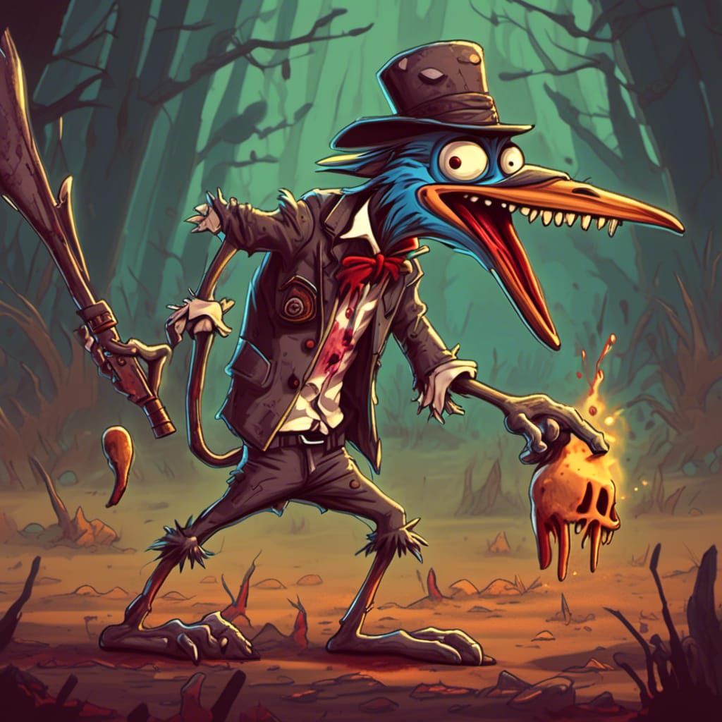 Zombie Road Runner Hunting Coyote in Looney Tunes Style