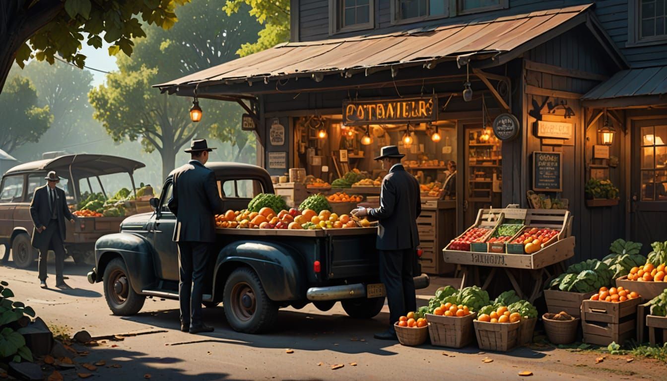 Men in Black Investigate Alien at Rustic Farm Stand