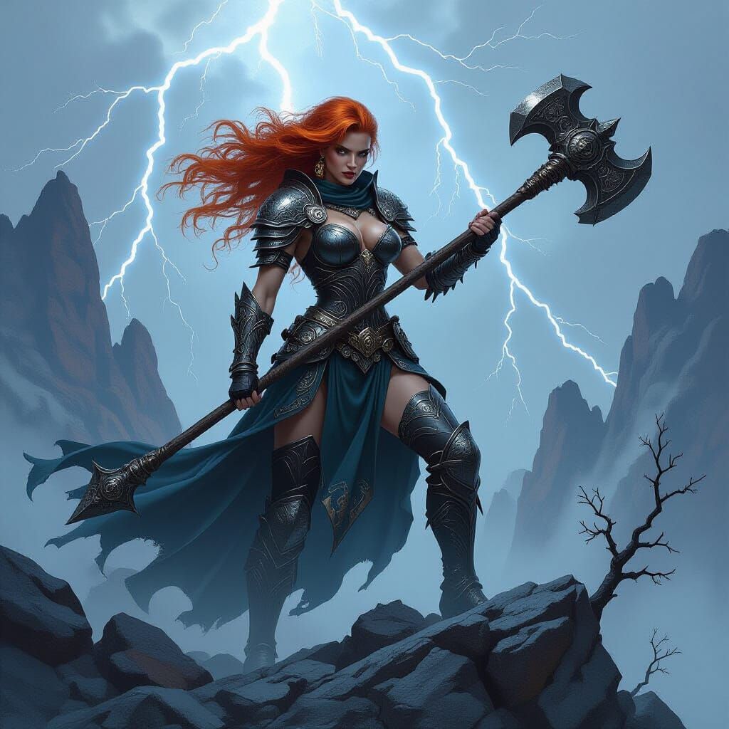 Fierce Warrior on Mountain Peak, Dark Fantasy Art