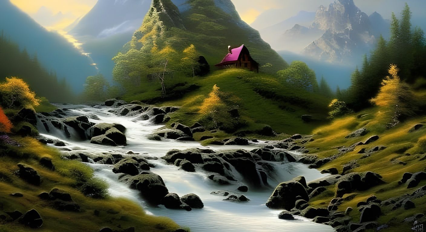 Pop Culture Cottage Landscape with River and Waterfall