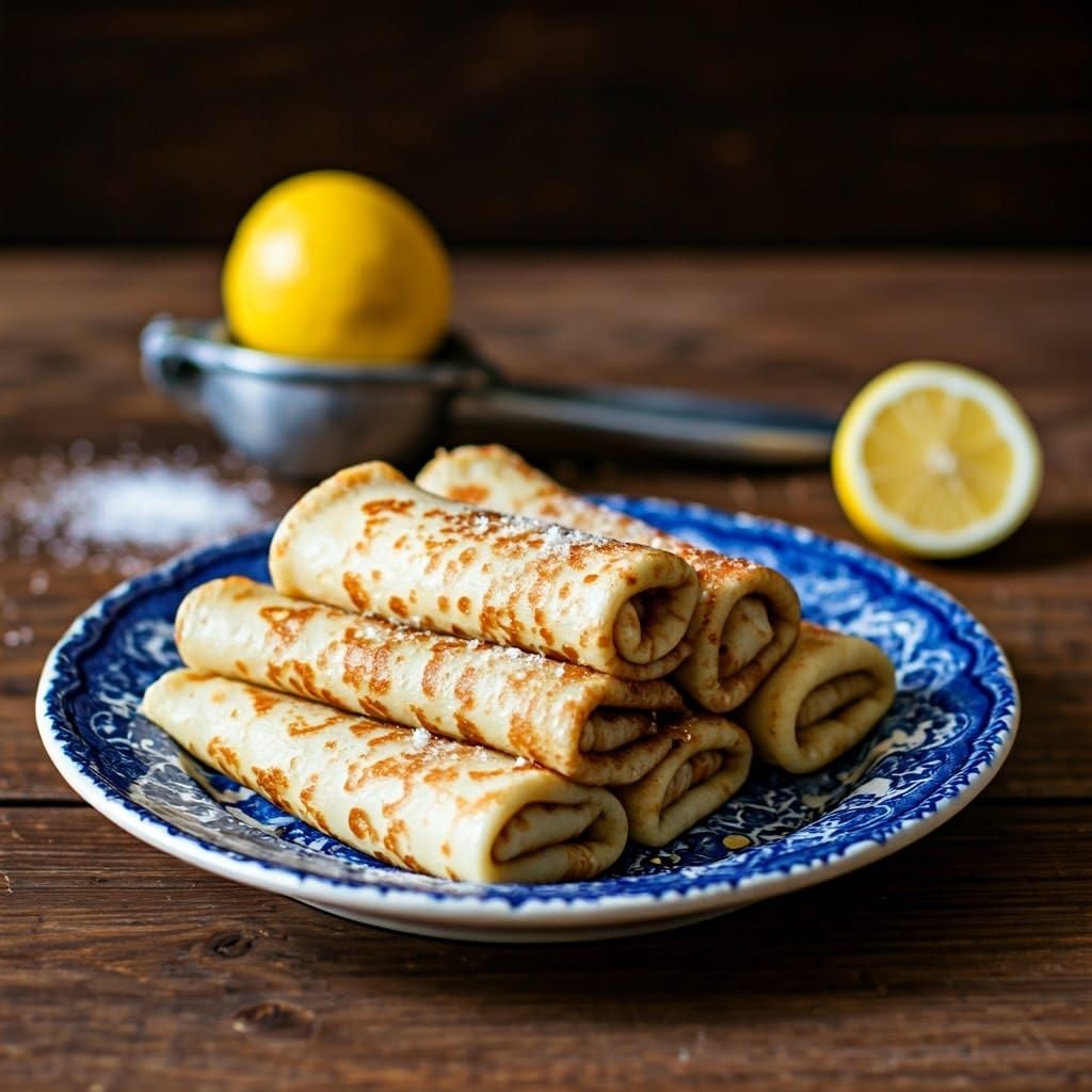 Three rolled pancakes with sugar and lemon, with a lemon squ...