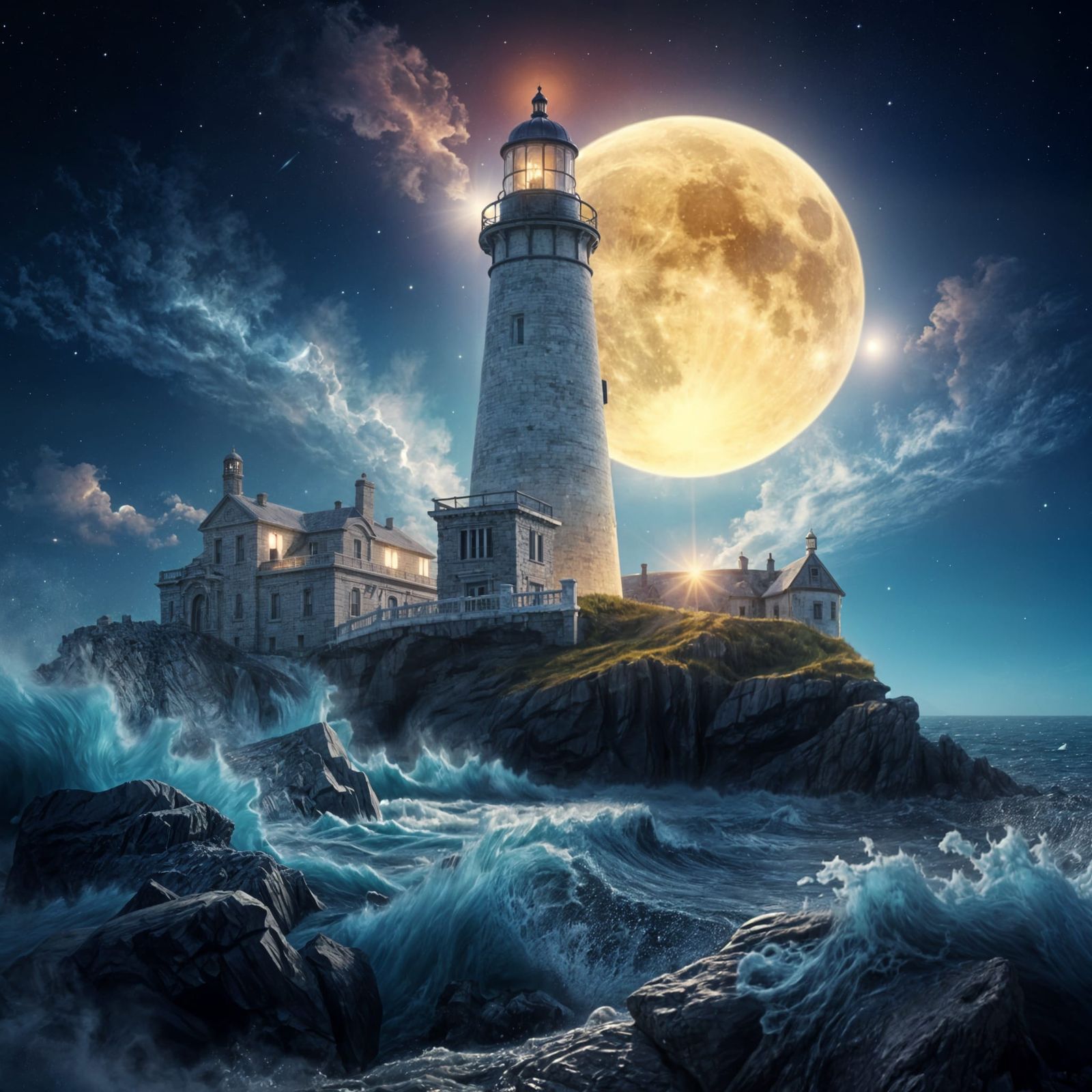 Split Rock Lighthouse Under Astral Cosmic Moonlight