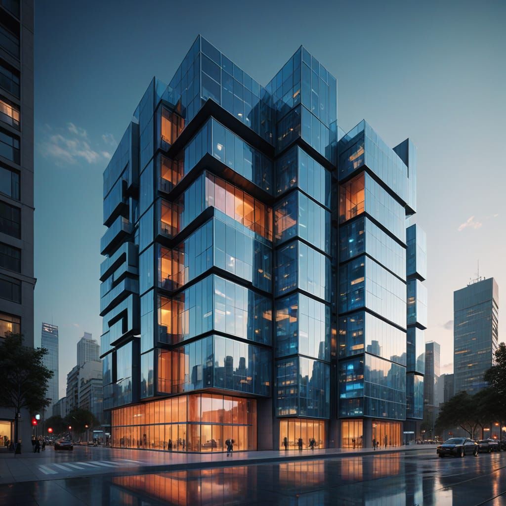 Sleek, Futuristic Glass Structure Reflects Vibrant Cityscape