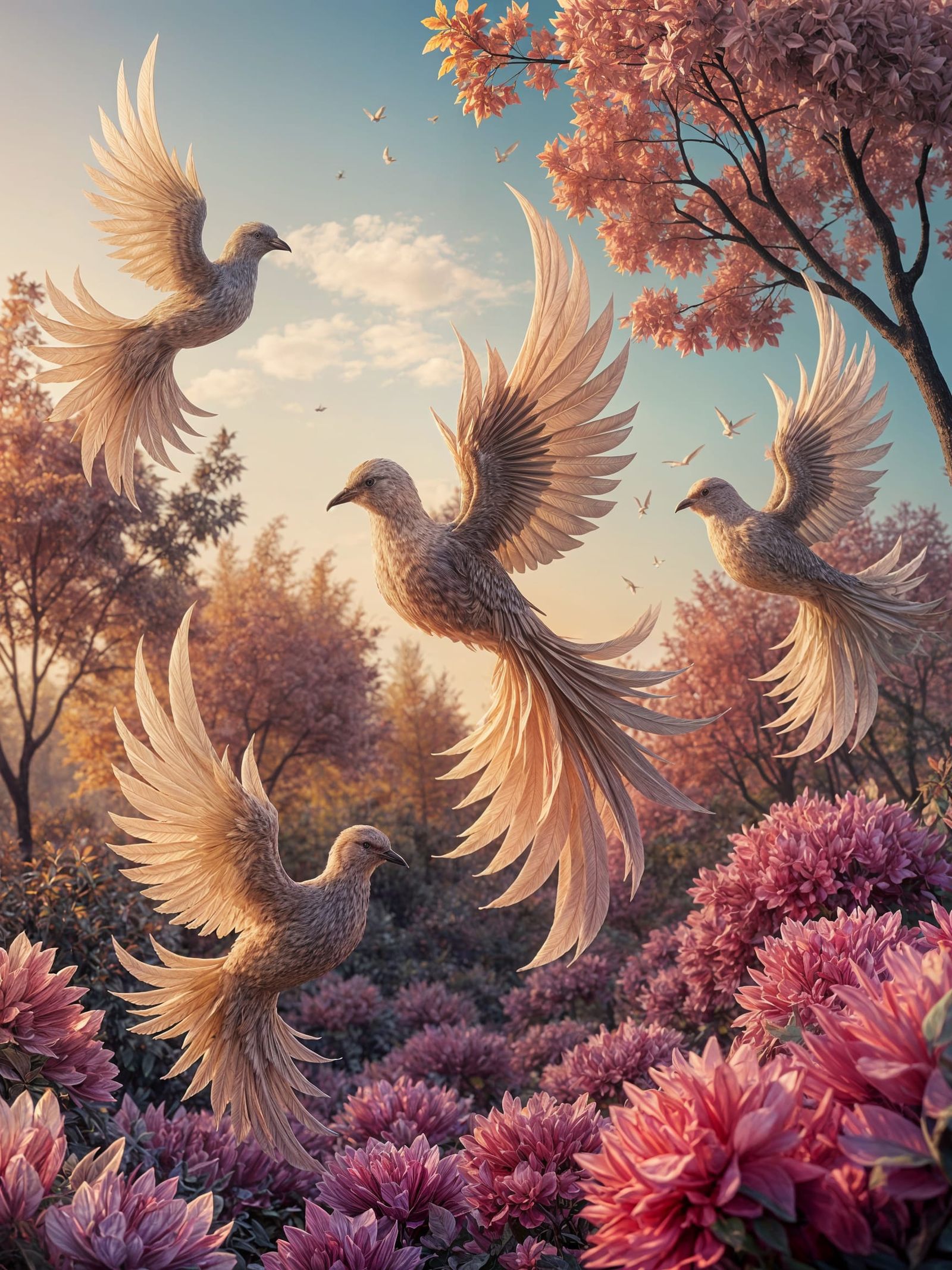 Surreal Silk Birds Soar Through Vibrant Digital Fabric Fores...