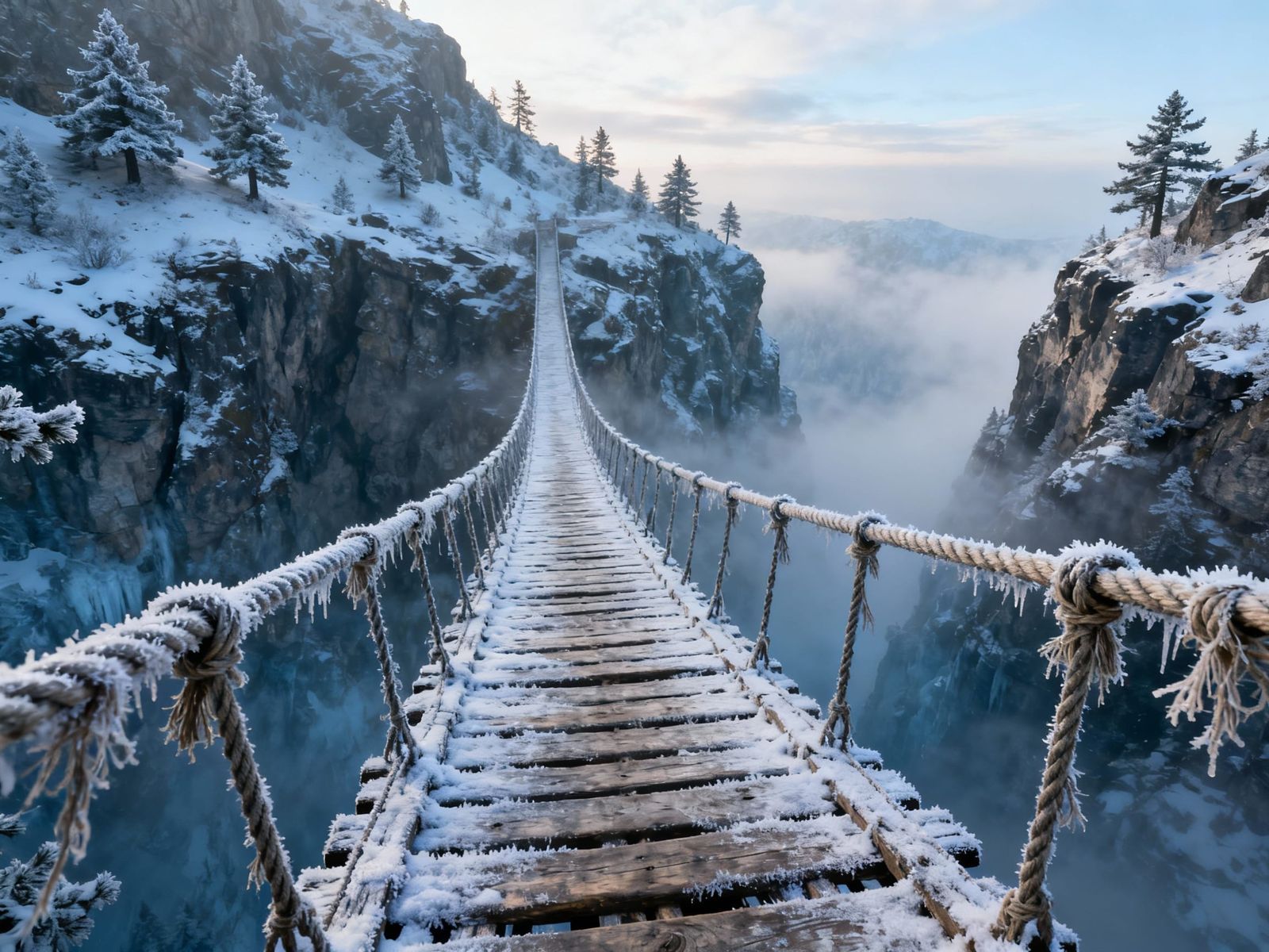 Photorealistic 1700s Wooden Bridge Over Icy Mountain Chasm
