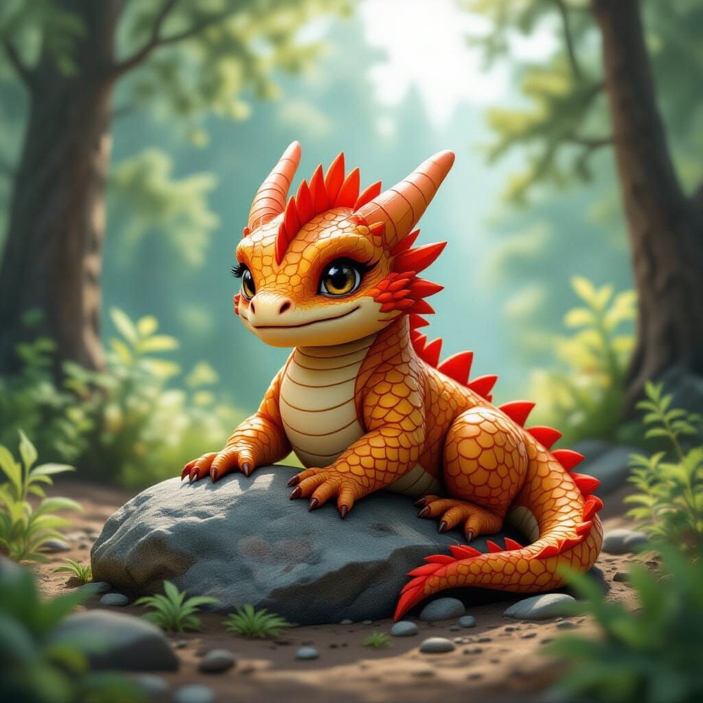 Photorealistic Baby Fire Dragon in Wilderness