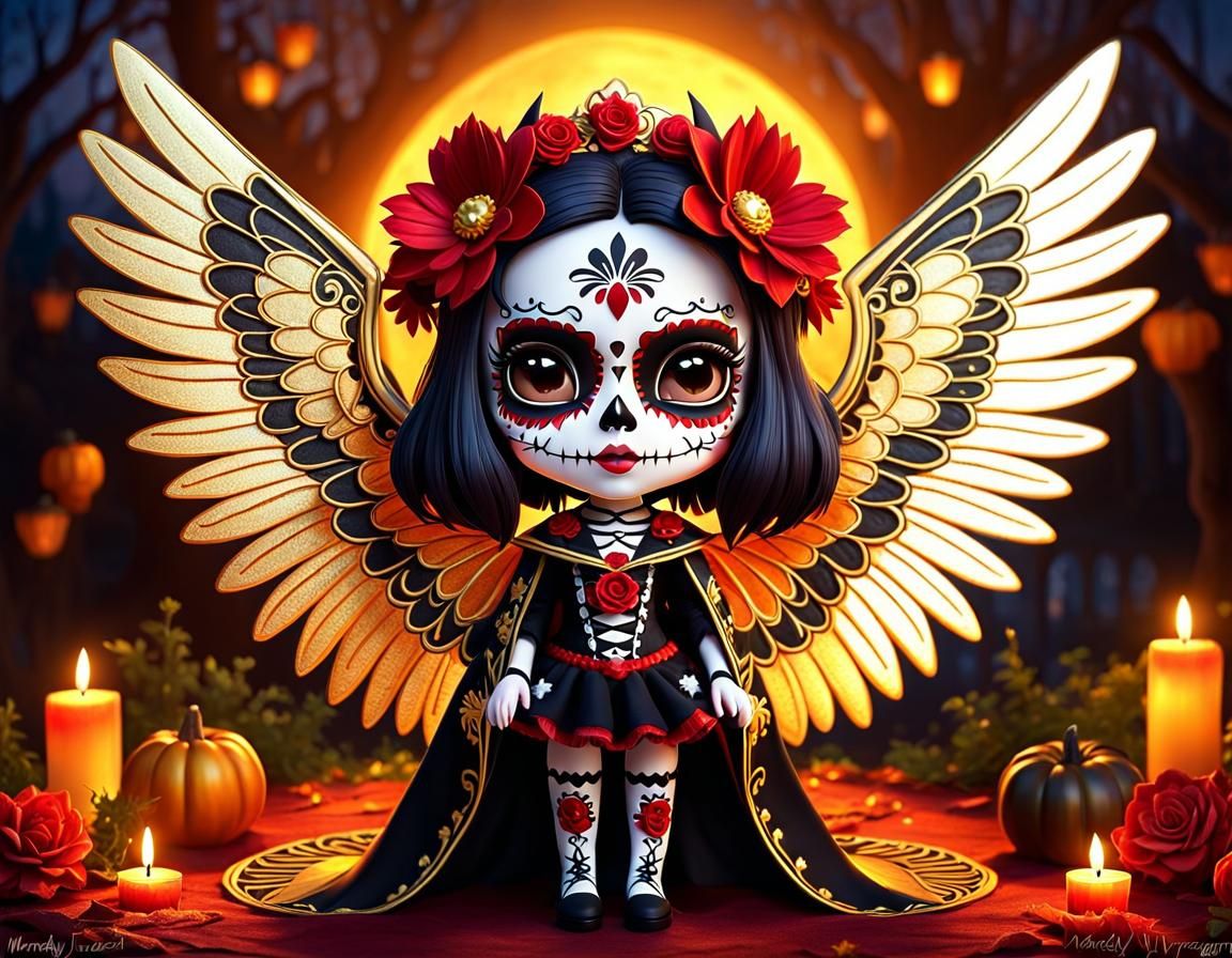 Chibi Winged Catrina Vampire Fairy in Dia de Muertos Style