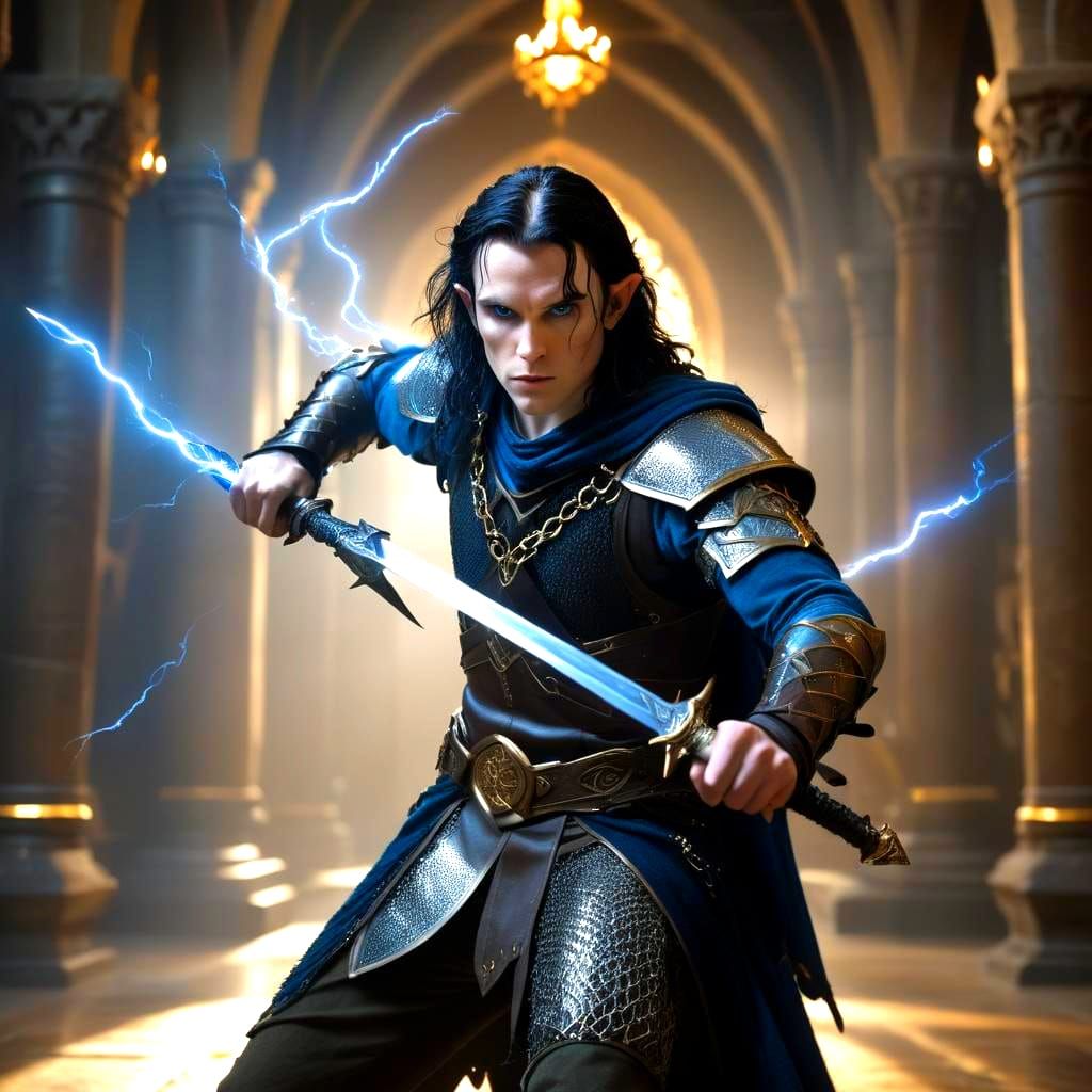 Half-Elf Rogue in Treasure Hall, Hyperrealistic Style