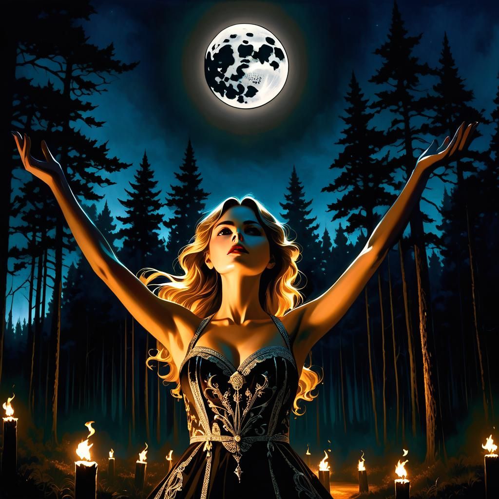 Mysterious Woman Invoking Goddess in Forest Clearing