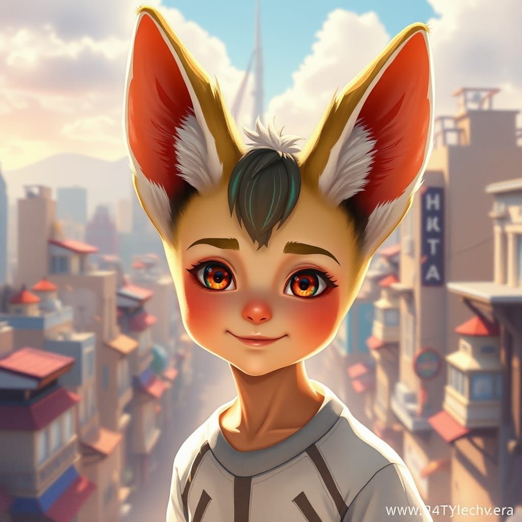 Youthful Fennec Boy in Anime Watercolor Cityscape