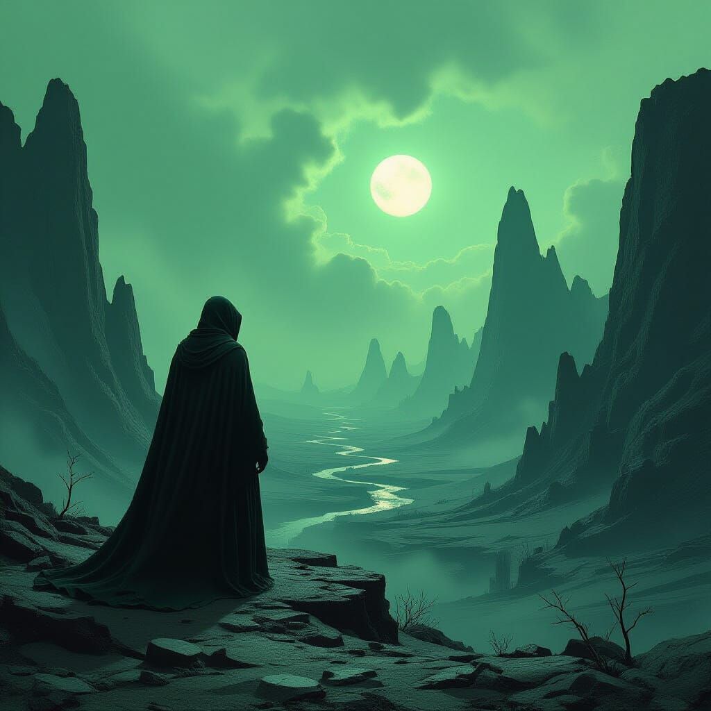 A lone, cloaked figure stands on a precipice overlooking a d...