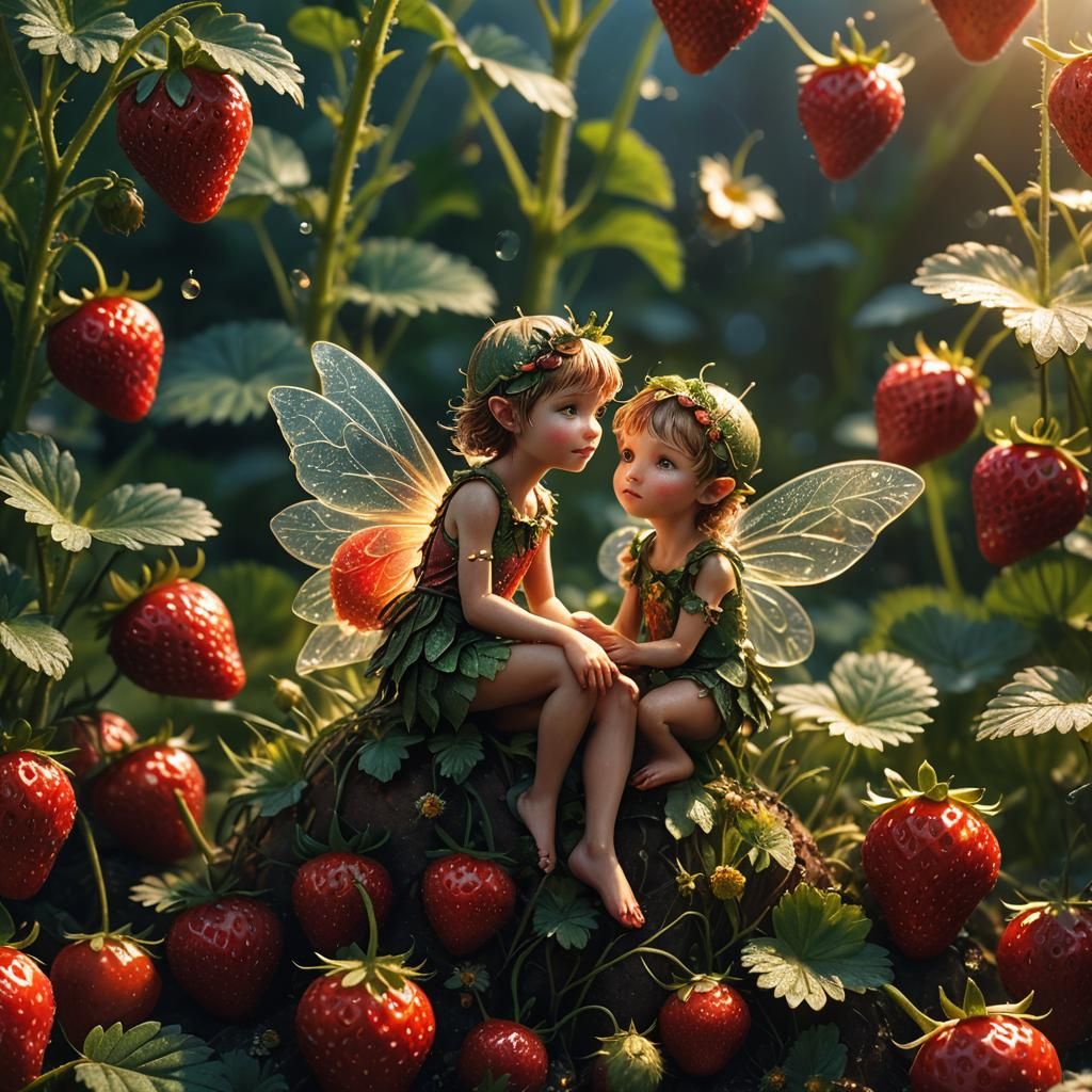 Fairy on Strawberry in Morning Light